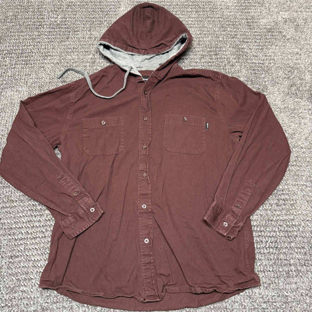 Molokai Surf Co Mens Hooded Shirt L Maroon Button Up Long Sleeve Pockets
